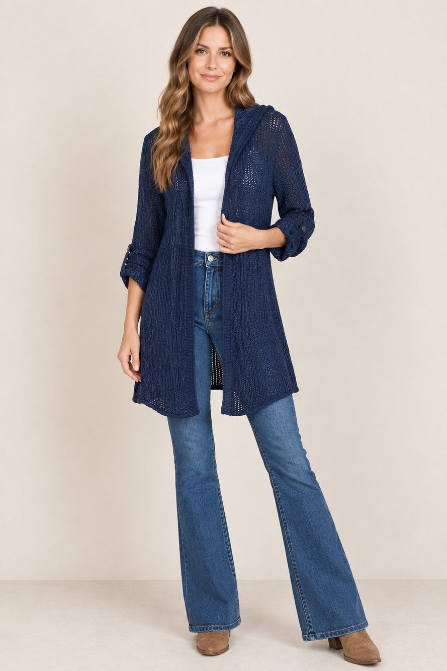 Lucky Brand Linen Blend Open Knit Hooded Cardigan Roll Tab Sleeve Navy Blue L